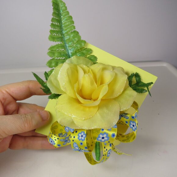 Yellow Rose soft Corsage Glittered with Clip 7.5x4 Spring Hat Attachment - Picture 1 of 7